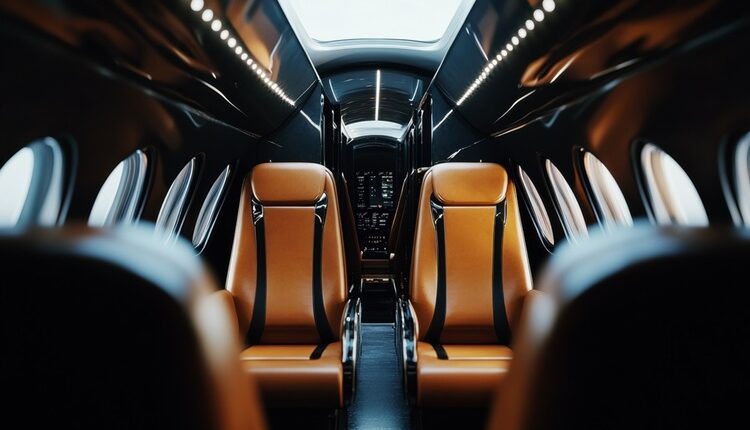 luxury private jet interior with leather seats and ambient lighting